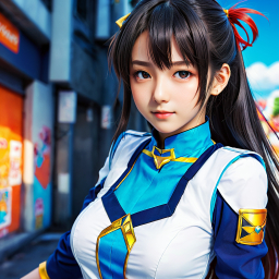 Anime Girl with Red Eyes and Blue Ribbon in Urban Uniform Setting