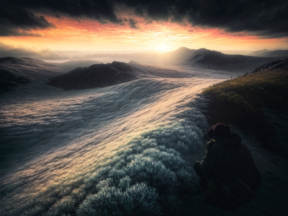 Contemplation at Dawn: A Serene Journey Through an Otherworldly Landscape