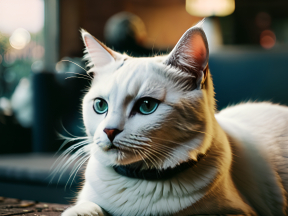Calm Blue-Eyed Cat Sitting Indoors on a Table
