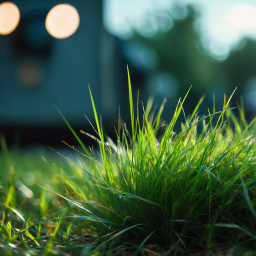 Close-Up of Grass Blades with Blurred Machinery in Warm Outdoor Light
