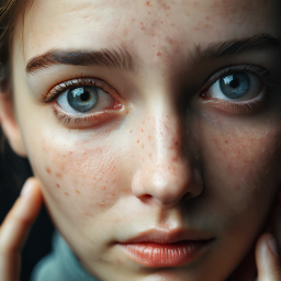 Portrait of a Young Woman with Striking Blue Eyes and Rosy Cheeks: A Lifelike Digital Art Close-Up