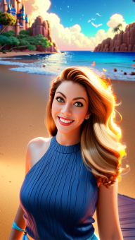 Smiling Woman in Blue Top Poses Against Vibrant Fantasy Beach and Castle Backdrop