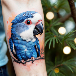 Realistic Blue and White Parrot Tattoo Detailed on Arm