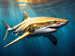 Majestic Great White Shark Swimming Beneath Sunlit Waters with Dramatic Sun Flare Effect