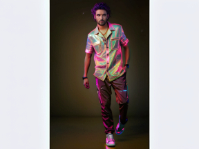 Reflective Fashion: A Bold Contrast of Mirrored Top and Camouflage Pants in Vibrant Warm Lighting