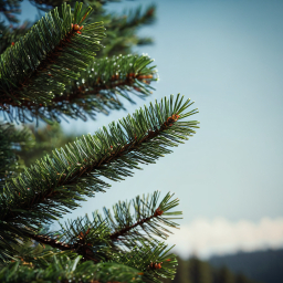 Close-Up of Glossy Evergreen Branch Against Clear Blue Sky