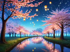 Serene Night Under Blossoming Cherry Trees Along a Starry Canal