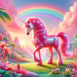Enchanted Pink Unicorn in a Magical Rainbow Meadow