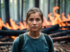 Person Observing Intense Wildfire Amidst Forest Flames
