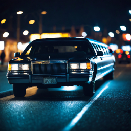 Nighttime Urban Scene Featuring a Stretch Limousine on a Wet Road
