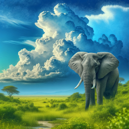 Majestic Elephant in Serene Savanna Landscape with Mountains and Blue Sky