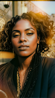 Portrait of a Person with Curly Hair and Subtle Makeup in Warm Indoor Lighting