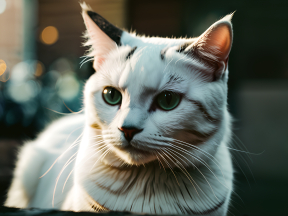 Curious Green-Eyed Cat with Fluffy White and Dark Markings Resting Indoors