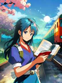 Serene Spring Reading: A Heian-Era Girl Amid Cherry Blossoms and Passing Trains
