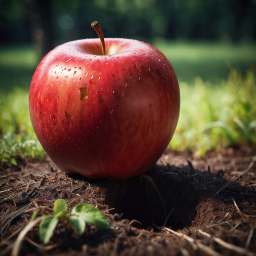 A Fresh Red Apple Resting on Soil Amidst Emerging Seedlings at Dawn or Dusk