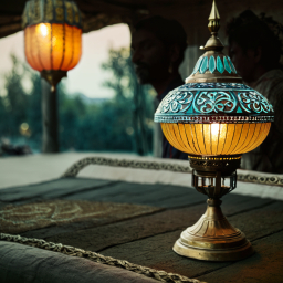 Intricately Crafted Lantern Illuminated in a Tranquil, Historical Setting