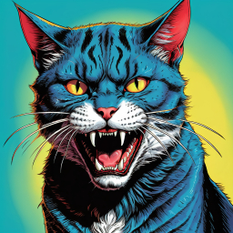 Striking Blue Cat Illustration with Intense Expression in Spotlight
