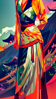 Elegant Kimono-Clad Figure Amidst Vibrant Cherry Blossoms: A Celebration of Traditional Japanese Beauty