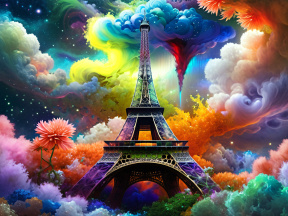 Dreamscape Over Paris: A Surreal Rainbow Fantasy Around the Eiffel Tower