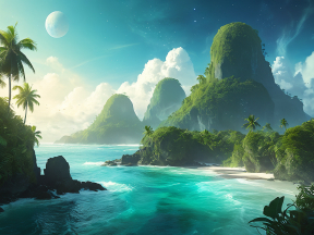 Tranquil Twilight: A Surreal Islandscape Beneath a Celestial Moon