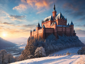Snow-Covered Medieval Castle on a Cliff Overlooking a Serene Winter Landscape