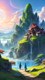 Tranquil Journey: A Mystical Shrine at Dawn in a Celestial Mountain Landscape