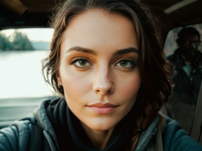 Woman Taking a Selfie Inside a Vehicle During Soft Morning or Evening Light