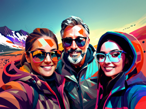 Three Friends Smiling for a Selfie in a Scenic Mountain Landscape