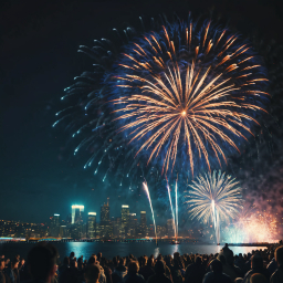 Spectacular Nighttime Fireworks Over City Waterfront Celebration