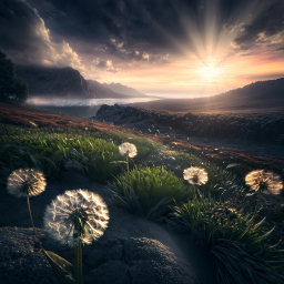 Serene Sunrise Over Rolling Hills with Dandelion Clocks and Reflective Waters