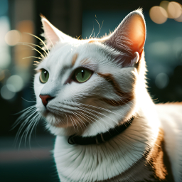 Majestic Cat Sitting Upright Indoors with Warm Natural Light and Urban Background