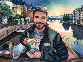 Man Enjoying a Peaceful Moment with Tea Amidst a Serene Illustrated Village Backdrop