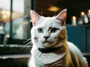 Curious Cream-Colored Cat with Collar Gazes Attentively in Cozy Home Setting