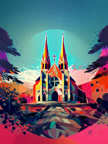 Radiant Twilight: A Vibrant Vector Illustration of a Majestic Church