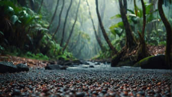 Serene Tropical Rainforest Trail Amidst Lush, Dense Vegetation