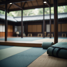 Serene Indoor Martial Arts Studio with Traditional Japanese Architecture and Natural Light