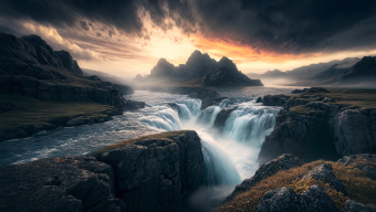 Majestic Waterfall Amidst Stormy Skies: A Dramatic Landscape of Nature's Power and Serenity