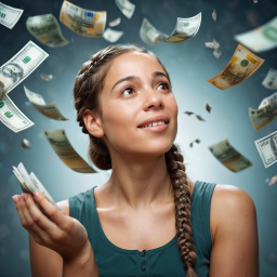 Embracing Prosperity: A Joyful Woman Surrounded by Falling Currency