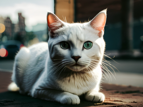 Curious Cat with Bright Green Eyes Poses in Urban Street Setting