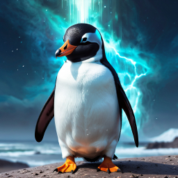 Storm Sentinel: A Vibrant Artistic Rendering of an Emperor Penguin Amidst a Turbulent Sky
