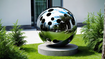 Reflective Metal Sphere Sculpture in a Park Setting: A Modern Outdoor Art Installation