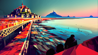 Vibrant Digital Landscape: A Geometric Island Fortress at Sunrise
