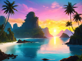 Sunset Serenity: A Tropical Island Paradise with Palm Trees and Coral Reefs