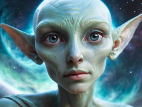 Cosmic Alien Fantasy Character with Pointed Ears and Blue Eyes