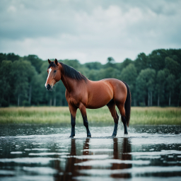 A Serene Moment: Horse Standing in Shallow Water Amidst Natural Woodland Scenery