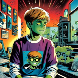 Whimsical Self-Reflection: A Young Boy in a Starry, Book-Filled Room