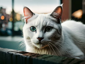 Blue-Eyed Ragdoll Cat Perched on Ledge Amid Soft Night Lights
