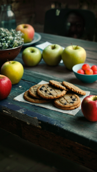 Cozy Kitchen Spread: Gala Apples, Chocolate Chip Cookies, and Fresh Mixed Salad on Rustic Wooden Table
