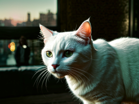 Attentive Cat with White and Dark Markings Sitting Indoors Near Natural Light