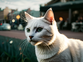 Green-Eyed Cat at an Outdoor Café During Golden Hour